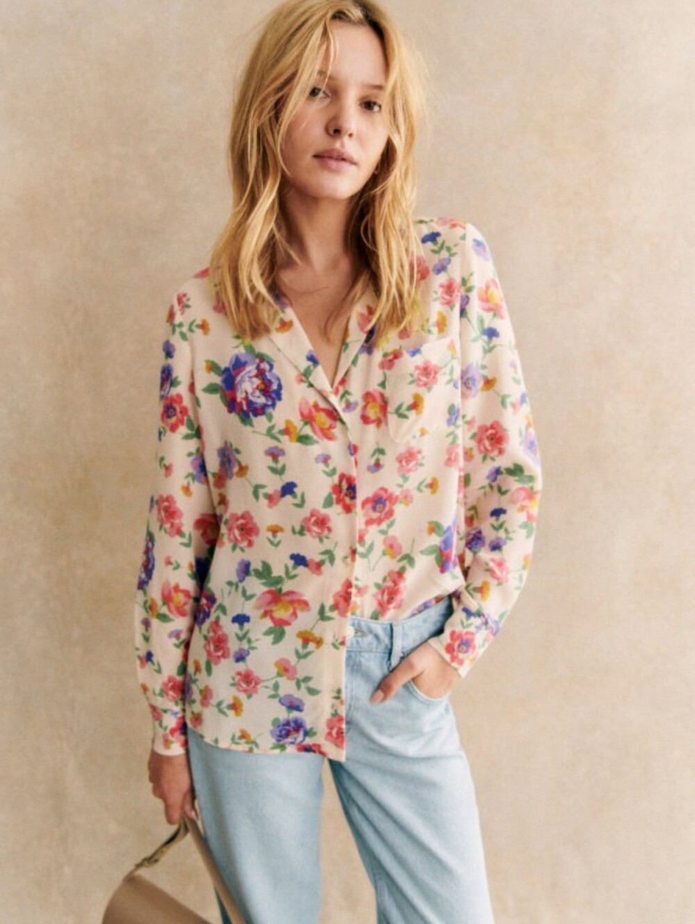 Sezane Florence Shirt Monday Pink Floral Cream Silk FR40/US10